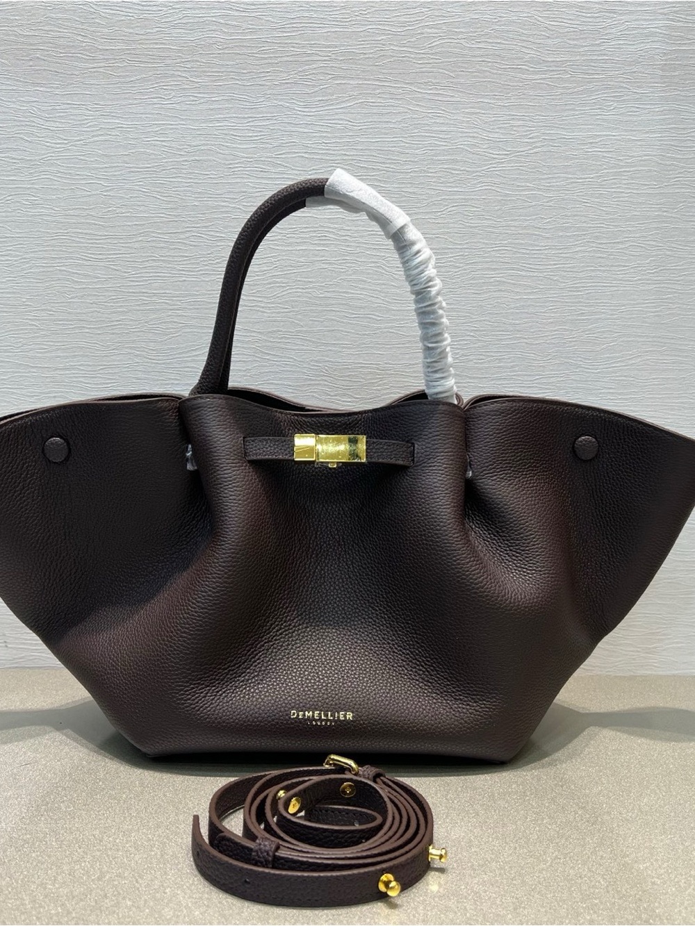 $DeMellier Dark Brown Pebbled Leather Tote with Gold Hardware